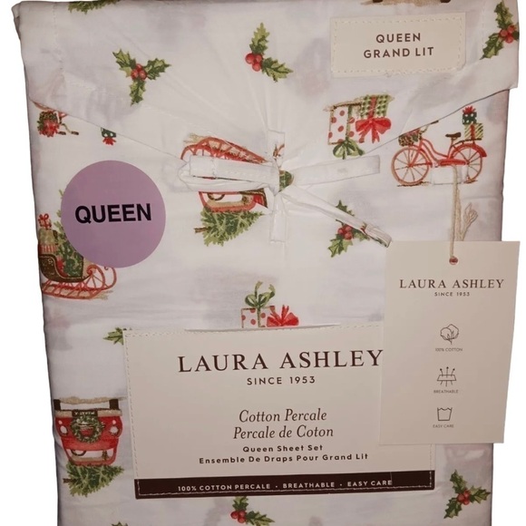 Laura Ashley QUEEN Size Christmas Holiday Vehicle Sheet Set Cotton Percale New - Picture 1 of 10